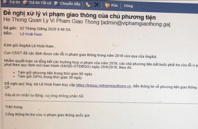 Cảnh báo thủ đoạn lừa đảo xử lý vi phạm giao thông qua thư điện tử để chiếm đoạt tài sản